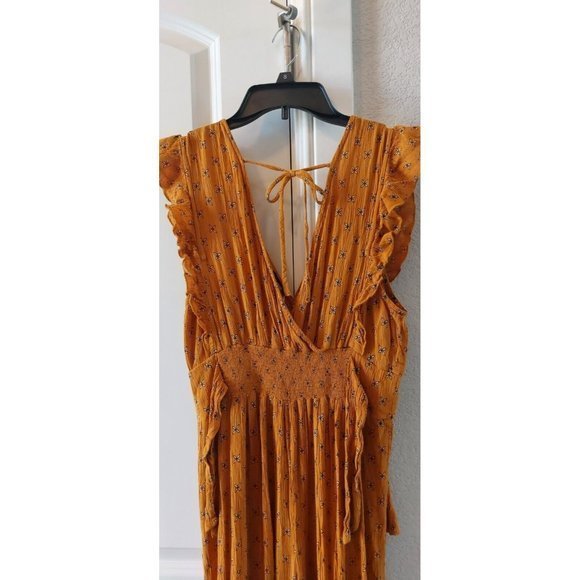 Patrons of Peace Womens Yellow Mustard Flutter Sleeve Jumpsuit Size S Back Tie - Picture 5 of 11